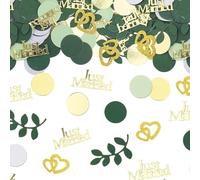 EIHI Just Married Decoración de mesa de boda con corazones, confeti grande, 100 unidades de purpurina, color verde y dorado, vintage, juego de decoración de boda, regalo