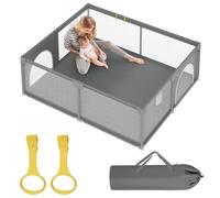 Eikuavons Parque infantil XXL 150 x 180 x 60 cm, con red transpirable, tejido Oxford 210D, portátil, con 2 anillos de tracción y puerta con cremallera, color gris