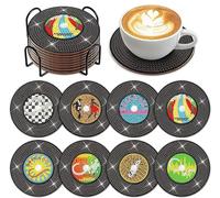 Eimilaly 8 posavasos de pintura de diamantes de vinilo vintage con soporte para decoración de fiesta de discoteca de los años 70, 80 y 90, apto para principiantes, niños y adultos