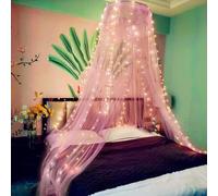 Eimilaly Dosel de Cama de Encaje con Luces cálidas, toldo de Cama de Princesa para decoración de habitación de niñas, Color Rosa/Puerta Individual