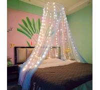 Eimilaly Dosel de Cama Mosquitera Blanco Azul con Luces Cálidas, Dosel de Cama para Decoración de Habitación de Niñas, Puerta Simple