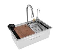 Einbecken - Fregadero de cocina con cascada, de acero inoxidable, con grifo extraíble, cestas de agua, rectangular, para restaurantes, bares, hoteles, cocinas