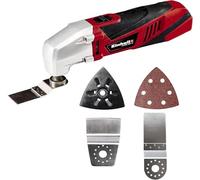 Einhell Herramienta multifuncional, 220 W, incluido adaptador de extracción de polvo, placa de lijado triangular, 1 papel de lija, raspador, hoja de sierra de incisión HCS, Color Negro/Rojo