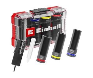 Einhell - Juego de llaves de impacto originales de 5 piezas (3 x 80 mm, acero CrMo, funda de plástico, medidor de profundidad de la banda de rodadura, tiza de neumático, M-CASE, para llantas de