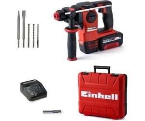 Einhell Kit Martillo perforador con batería HEROCCO+5 Power X-Change (iones de litio, 18 V, 2.2 J, 18 Nm, SDS-Plus, in atería 3,0 Ah, cargador, 3 brocas, cincel plano, cincel punta y E-Box)