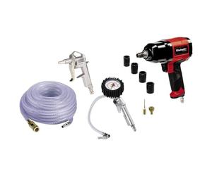 Einhell Original Set de accesorios por aire comprimido de 10 piezas (impacto, pistola de soplado, inflador de neumático, manguera trenzada de 15m, set adaptador balones, 4 llaves, acoplamiento rápido)