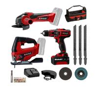 Einhell Taladro con batería TE-CD 18/40 Li + amoladora angular TC-AG 18/115 Li + sierra de calar con batería TC-JS 18 Li Power X-Change (18V, incl. 1 batería de 4,0Ah, cargador, bolsa)
