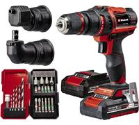 Einhell Taladro con batería TE-CD 18/45 3X-Li+22 Power X-Change (18 V, 45 Nm, portabrocas desmontable, pieza angular y excéntrica, set de puntas de 22 piezas, 2 baterías de 2,0 Ah, cargador + E-Box)