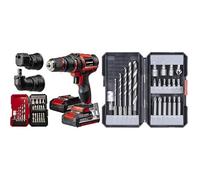 Einhell Taladro con batería TE-CD 18/45 3X-Li+22 Power X-Change (18V, 45Nm, pieza angular y excéntrica, set de puntas de 22 piezas, 2 baterías de 2,0Ah, cargador) + Kit de brocas/ puntas