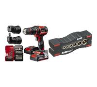 Einhell Taladro con batería TE-CD 18/45 3X-Li+22 Power X-Change (18V, 45Nm, pieza angular y excéntrica, set de puntas de 22 piezas, 2 baterías de 2,0Ah, cargador) + Guia de perforacion