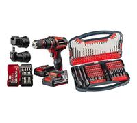 Einhell Taladro con batería TE-CD 18/45 3X-Li+22 Power X-Change (18V, 45Nm, pieza angular y excéntrica, set de puntas de 22 piezas, 2 baterías de 2,0Ah, cargador) + Set 101 piezas brocas y puntas