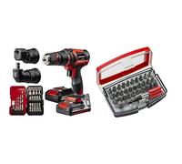 Einhell Taladro con batería TE-CD 18/45 3X-Li+22 Power X-Change (18V, 45Nm, pieza angular y excéntrica, set de puntas de 22 piezas, 2 baterías de 2,0Ah, cargador) + Bit Box 32