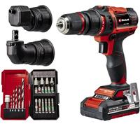 Einhell Taladro con batería TE-CD 18/45 3X-Li+22 Power X-Change (portabrocas desmontable, pieza angular y excéntrica, set de puntas de 22 piezas, batería de 2,0 Ah, cargador + E-Box)
