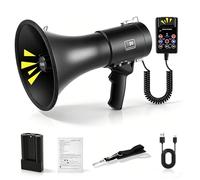 Eirolace Megáfono de 150 W con Bluetooth y función de grabación, megáfono con sirena y micrófono, alcance de hasta 2000 m, altavoz estéreo de 360°, reproducción USB, 3 modos de alimentación, incluye