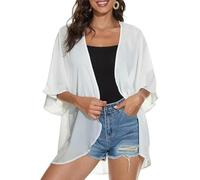 EIRUKON Cárdigan Mujer Largo Verano 3/4 Mangas Chal Ligero de Gasa Kimono Impreso Bikini Cover Up para Playa La Natacion,Amante Blanco