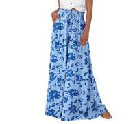EIRUKON Pantalones Mujer Anchos Verano Ligeros Comodos Pantalones Palazzo Elásticos de Cintura Alta Pantalon Baggy Boho Casual Pantalón con Bolsillos,Azul,XL