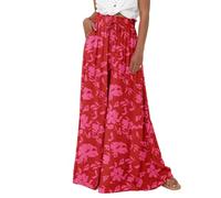 EIRUKON Pantalones Mujer Anchos Verano Ligeros Comodos Pantalones Palazzo Elásticos de Cintura Alta Pantalon Baggy Boho Casual Pantalón con Bolsillos,Rojo,XL