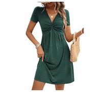 EIRUKON Vestidos de Mujer Verano Vestido Cortos Elegantes Cuello en V Vestido con Nudo Frontal Manga Corta Casual Vestidos de Playa Color Sólido,Verde,M