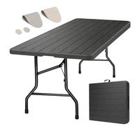 Eiryss Mesa Plegable Exterior 180x74cm, Mesa de Jardín Plegable 8 Personas, Negro con Tablero Plástico Efecto Madera y Estructura Hierro, 150 kg, 3 Cierres Seguridad, Mesa Buffet Terraza Balcón