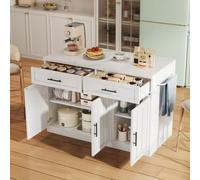 eisaro Isla de cocina independiente con enchufes y puerto USB, zona de bar y toallero, estantes ajustables, mostrador de cocina de MDF para cocina y salón, color blanco, dimensiones 120 x 60 x 91 cm