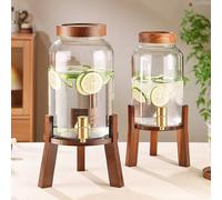 EISFBIMV 2PCS Dispensadores de Bebidas de Vidrio para Fiestas con Soporte, Dispensador de Bebidas con Tapas de Madera, Contenedores de Zumo para Agua Helada, Limonada, Ponche, Té(3L+4L)