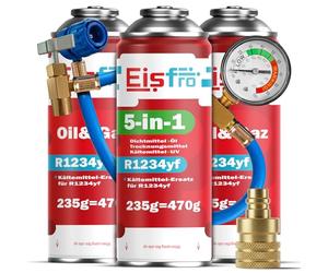 Eisfro - Kit de Recarga de Aire Acondicionado R1234yf - Fluido refrigerante 5 en 1 XL con Aceite, sellador, colorante UV y deshidratante + 2X Gas de Recarga R1234yf con Aceite 235 g