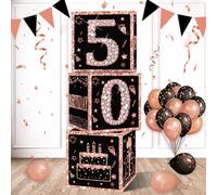 Eiurteao 3 cajas de decoración de 50 cumpleaños para mujeres, cajas de globos de cumpleaños 50 de oro rosa, suministros de fiesta, caja de cartón temática de cincuenta cumpleaños