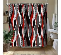 EIWAXU Cortina de Ducha con diseño de líneas onduladas en Negro, Blanco, Rojo y Gris, Moderna, geométrica, Vibrante y energética, para baño. 200x170cm/79x67in(AnxAl)