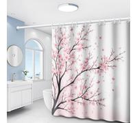 EIWAXU Cortina de Ducha con Estampado de pétalos de Cerezo Rosa y Mariposas, decoración Moderna para el baño con Ganchos de plástico. 210x190cm(AnxAl)