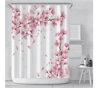 EIWAXU Cortina de Ducha con Flores de Cerezo Rosa y Flores de melocotón 210x190cm/Ancho x Alto Mampara de baño de poliéster con Flores y Fondo Blanco para niña con Gancho