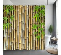 EIWAXU Cortina de Ducha de bambú Verde, Cortina de Ducha de Tela con Estampado 3D de Plantas Naturales con Ganchos, Impermeable y Lavable. 183x183cm(AnxAl)