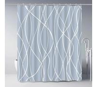 EIWAXU Cortina de Ducha de Rayas Blancas con líneas onduladas, Azul Claro, con Ganchos, decoración Minimalista Moderna, de poliéster, Impermeable 70x183cm/28x72in(AnxAl)