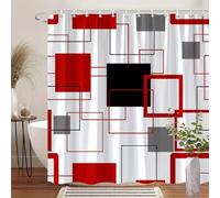 EIWAXU Cortina de Ducha geométrica Moderna con Formas entrelazadas en Rojo, Negro y Gris sobre Fondo Blanco, decoración Minimalista para el baño, 12 Ganchos. 170x210cm(AnxAl)