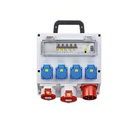 Eje - Divisor de pared Schwabe listo para conectar - Distribuidor de flujo de construcción con enchufe CEE 400V/32A/22kW - Salida 4x Schuko, 1 CEE (400V/16A/5 polos), 1 CEE (400 V/32 A/5 polos) - Caja