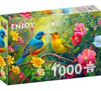 Ejército Love Birds in Forest Flowers Nature Ilustration - Puzzle de 1000 piezas para adultos - Acabado mate, tacto suave, fácil de montar, ajuste ajustado, colores vivos, servicio de