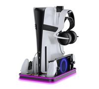 EJGAME Soporte PS5 Pro/Slim/PS5 y estación de refrigeración con controlador de iluminación RGB, estación de carga para consola PlayStation 5, base de carga PS Portal, accesorios P5 Pro con ventilador