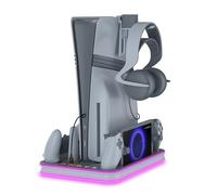 EJGAME Soporte PS5 Pro/Slim/PS5 y estación de refrigeración con controlador de iluminación RGB, estación de carga para consola PlayStation 5, base de carga PS Portal, accesorios PS5 Pro con ventilador