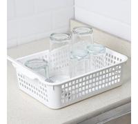 Ejoyous Cesta de Almacenamiento de Escritorio, Cesta de Almacenamiento Hueca de Plástico con Asa, Cajón de Escritorio Rectangular Apilable para Oficina, Aula, Cocina, Baño, Merienda, Organización de