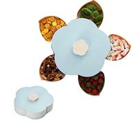 Ejoyous Plato de Almacenamiento de Bocadillos Giratorio, Plato de Frutas en Forma de Pétalo con 5 Compartimentos para Dulces, Frutos Secos y Fruta Deshidratada, con Caja de Frutas (BLUE)