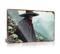EJXN Cartel de metal divertido para decoración del hogar, diseño de calavera de vaquero en las montañas: una escena occidental espeluznante, póster de metal para decoración del hogar para hombres (20