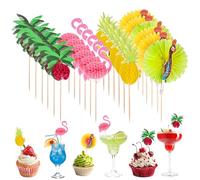 EKKONG 100 Piezas Palillos de Cóctel de Madera, Decoración 3D Flamenco Piña Pavo Real Palmera de Coco, Palillos Hawaianos para Fiestas de Verano, Cumpleaños, Bar, Bebidas, Pasteles (B)