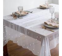 EKKONG Caminito de Mesa de Tul con Perlas 150 x 210 cm, Mantel de Organza con Borde de Perlas, Decoración para Boda, Fiesta de Novia, Cumpleaños y Cocina (A)
