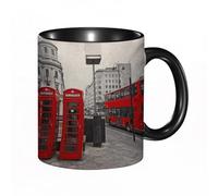 EKLMPS Tazas de Café,Taza de Cerámica para Té y Café,330ml/11oz,Regalos original,Aniversarios,nupical,desayuno,Románticos,Cabina telefónica roja y autobús rojo en movimiento. Londres