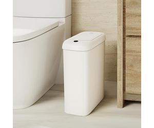 EKO Bote de basura automático para baño con tapa, cubo de basura delgado sin contacto de 2.6 galones, contenedor de basura impermeable con sensor de movimiento para baño, oficina, cocina, color blanco