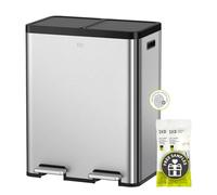 EKO Essential - Bote de basura doble de 8 + 8 galones, cubo de basura de reciclaje con doble cubo extraíble, tapas y pedales independientes, acero inoxidable cepillado