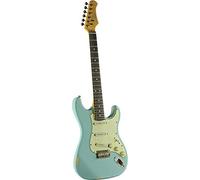 EKO GUITARS - S-300 Relic Daphne Blue, Guitarra Eléctrica con Acabado Relic, Cuerpo de Paulownia, Mástil de Arce Americano, Diapasón de 22 Trastes en Resina Eko WPC, Color Daphne Blue