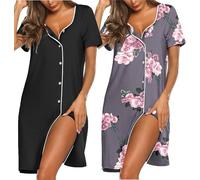 Ekouaer 2 Piezas Camisones de Mujer con Botones Camisón Verano Ropa para Dormir Manga Corta con Cuello en V