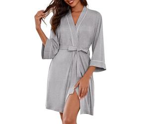Ekouaer Albornoz Mujer Ultra Suave y Ligero Bata Corta Mangas 3/4 Mujer Kimono Talla Grande Tejido de Punto Ropa de Dormir con Bolsillos, Gris Claro, XXL