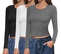 Ekouaer Base Layer Camiseta Termica Mujer Cuello Redondo Invierno Cálido 3 Paquetes Nero+Bianco+Grigio XXL