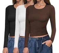 Ekouaer Base Layer Camiseta Termica Mujer Cuello Redondo Invierno Cálido 3 Paquetes Nero+Bianco+Marrone M